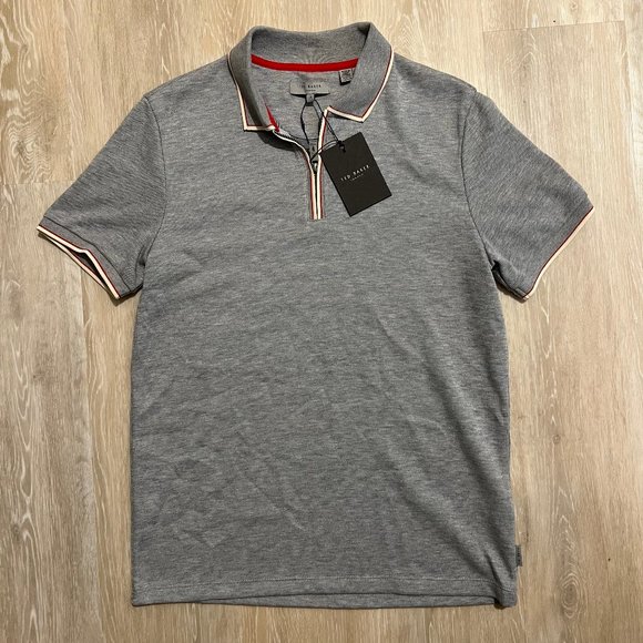 New Mens Ted Baker Gray Textured Polo with Zip Neck - Picture 1 of 3